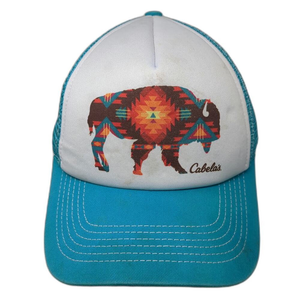 Cabela's Trucker Hat Blue One Size Southwestern Bison Buffalo Mesh Snapback Cap